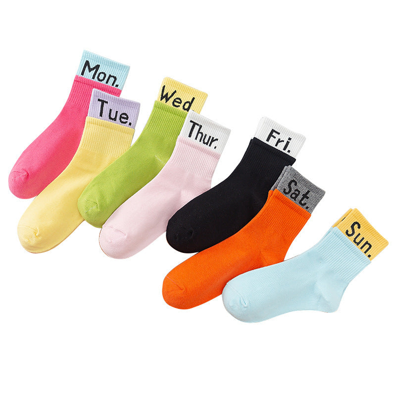 7 pairs-Soft Cotton Blend Mon-Sun Labeled Socks Set in Assorted Colors