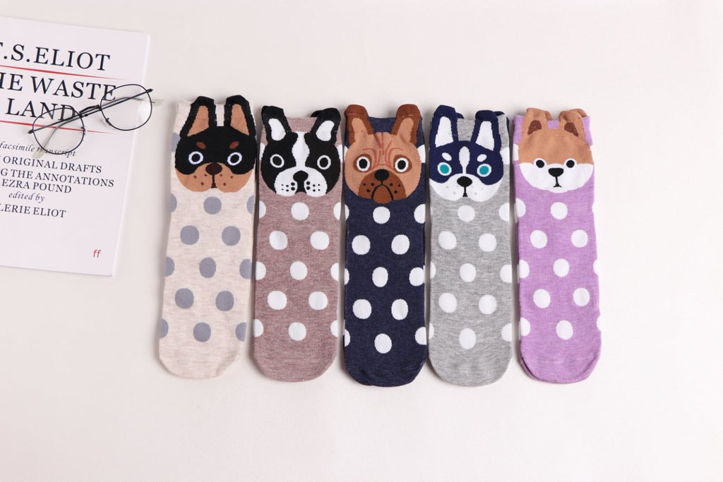 5 pairs-Dog Pattern Polka Dot Crew Socks（MX）