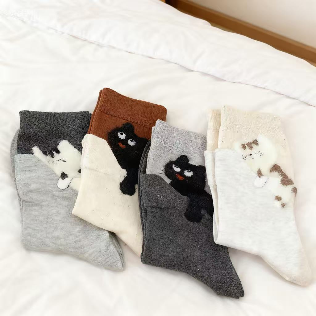 4 pares/paquete - Calcetines con estampado de gato 3D para uso diario