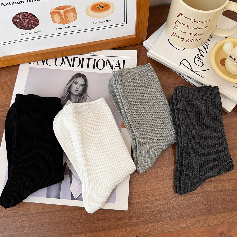 4 pairs-Neutral Ribbed Crew Socks（MX）