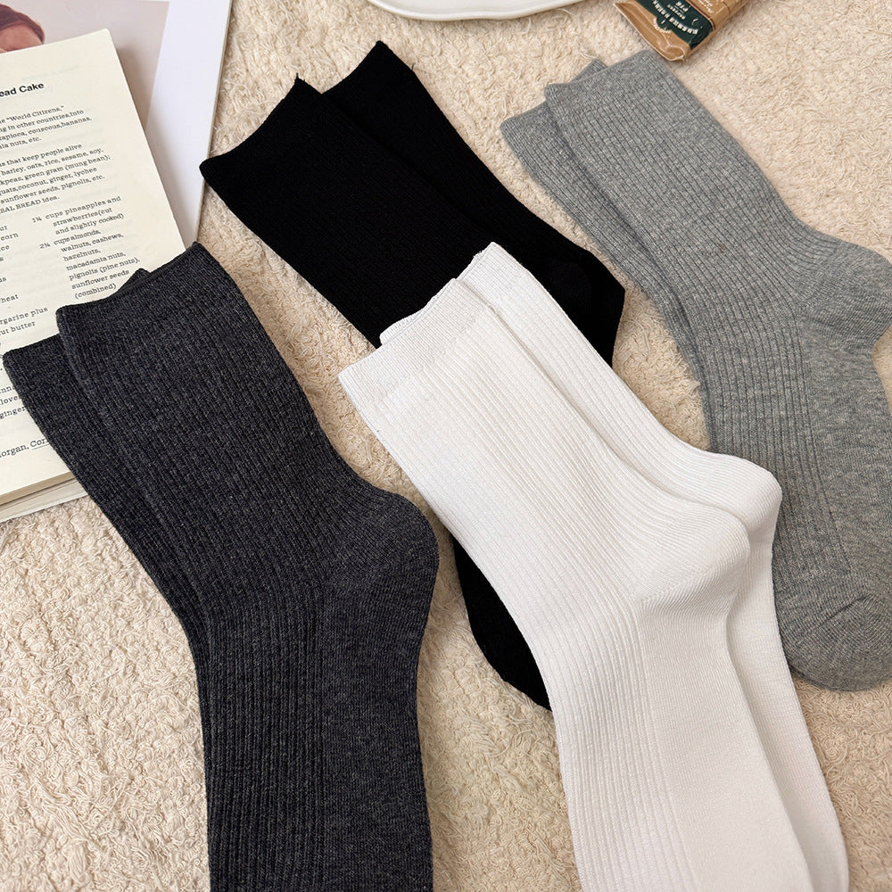 4 pairs-Neutral Ribbed Crew Socks（MX）