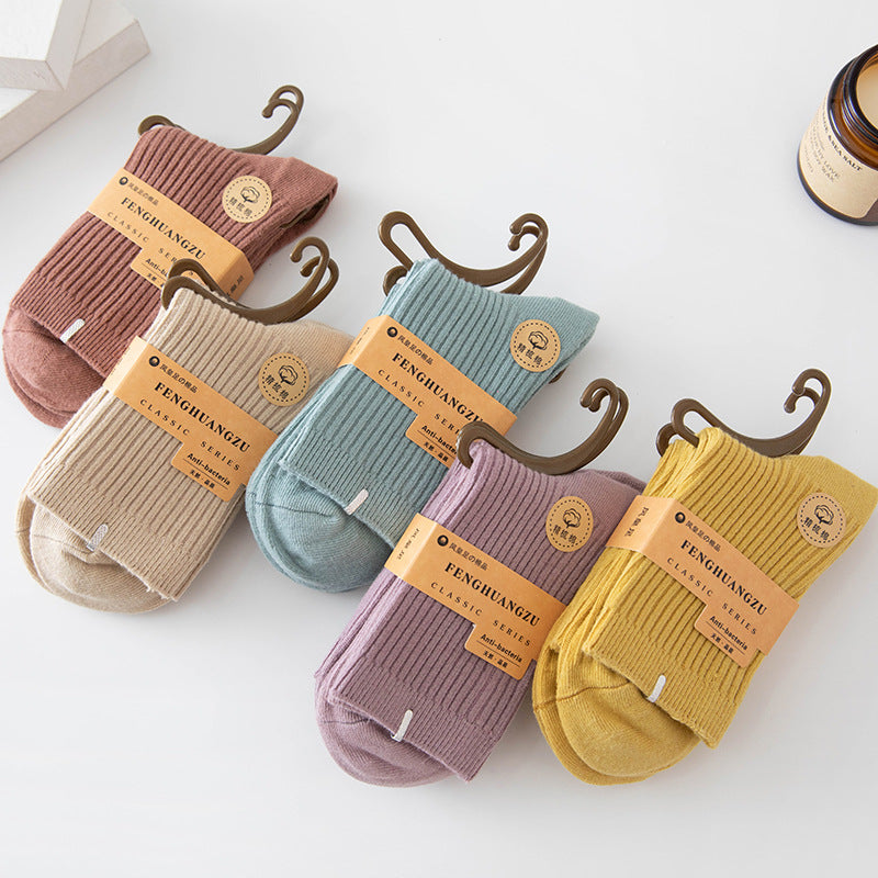 5 pairs-Solid Color Ribbed Crew Socks