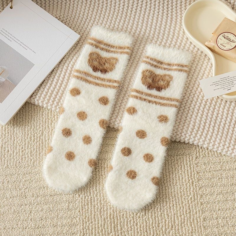 3 pares de calcetines cálidos de media pantorrilla con estampado de oso de peluche