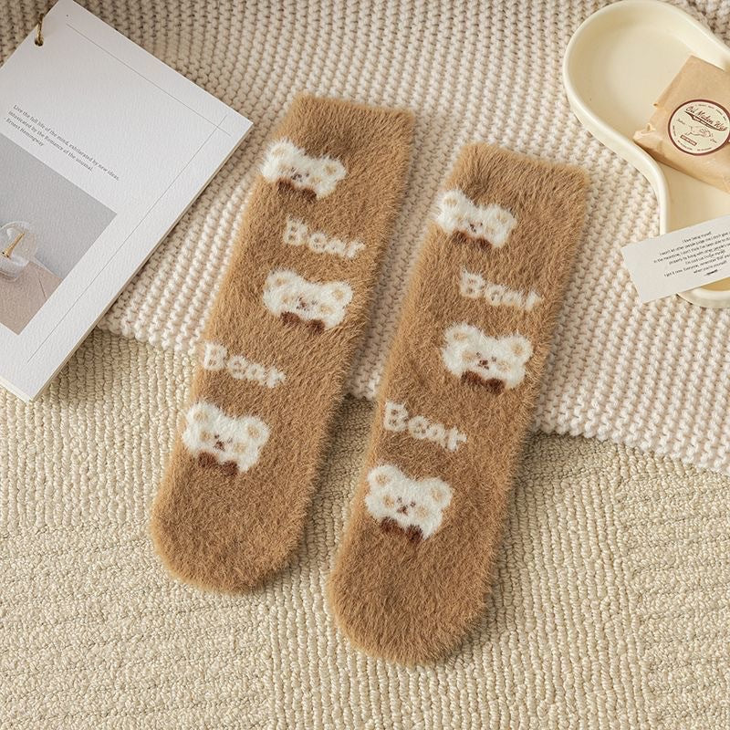 3 pairs-Plush Bear Print Mid-Calf Warm Socks