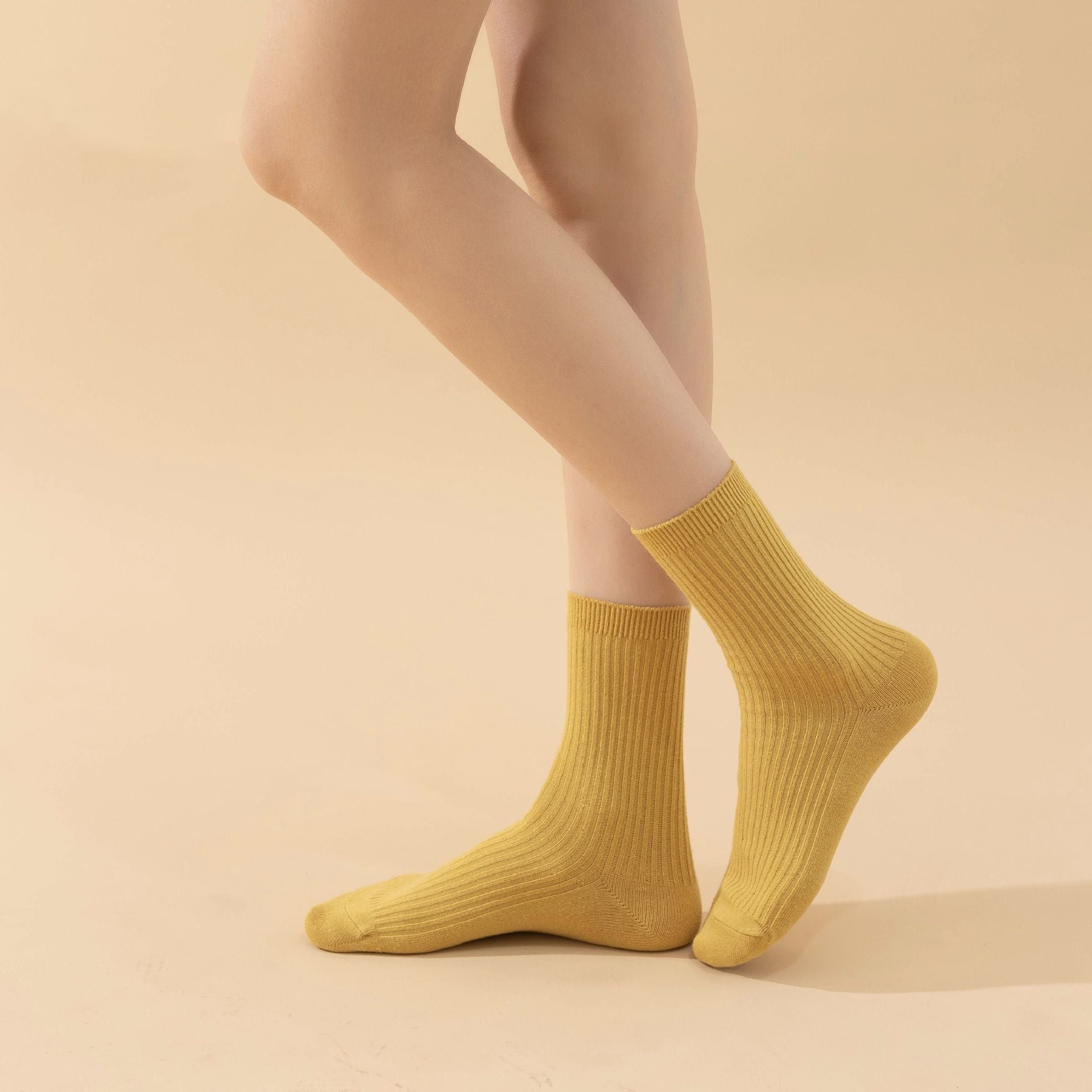 5 pairs-Solid Color Ribbed Crew Socks