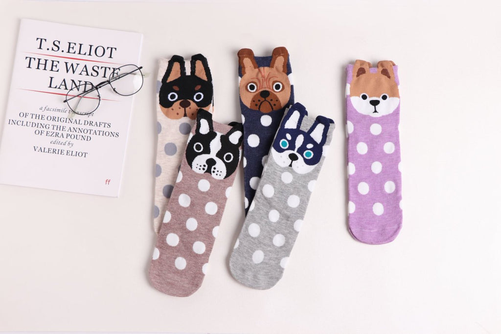 5 pairs-Dog Pattern Polka Dot Crew Socks（MX）