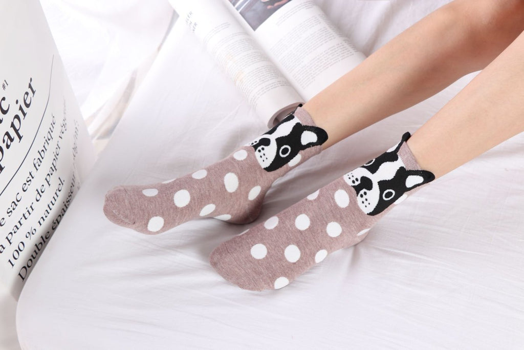 5 pairs-Dog Pattern Polka Dot Crew Socks（MX）